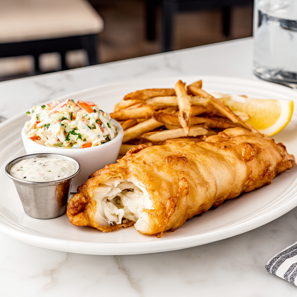Yuengling battered haddock with french fries and coleslaw