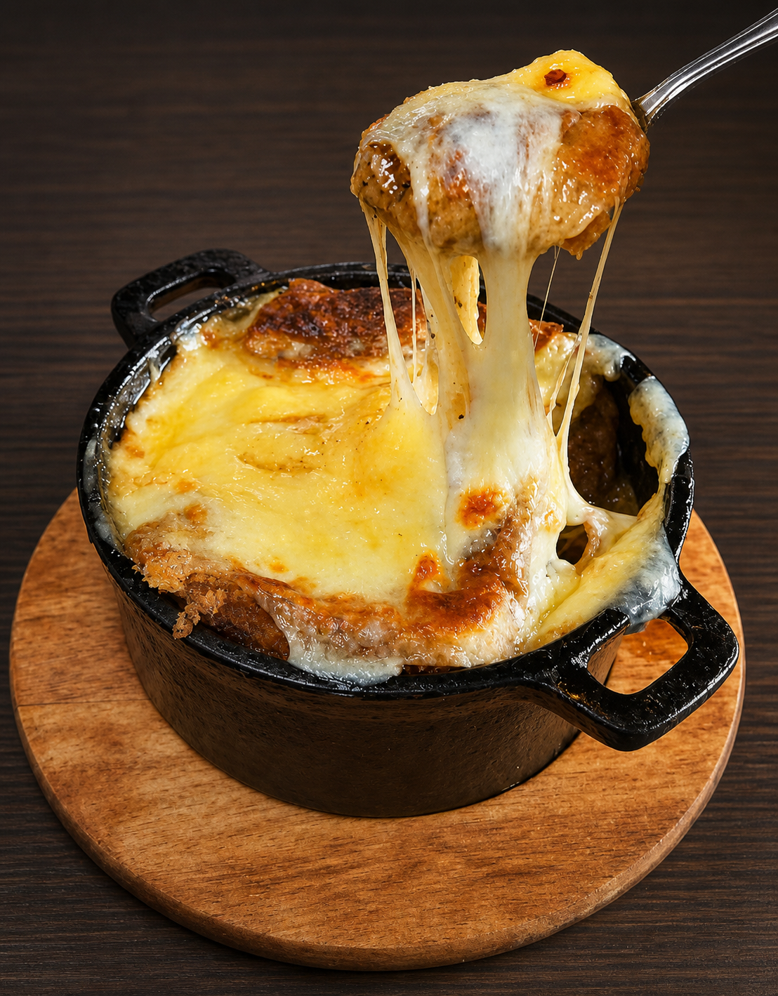 French onion soup with a browned cheese crouton